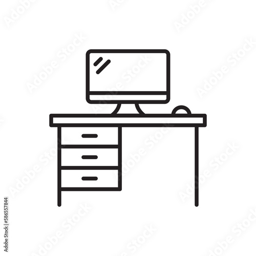 Office desk line icon. Workplace computer. Editable stroke