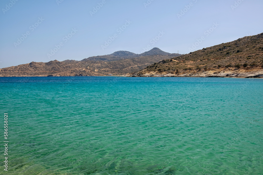Panoramic view of the wonderful turquoise beach of Plakes in Ios Greece