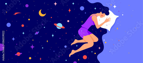 Woman with dream universe. Simple character of woman sleeping in bed with universe starry planet, moon star, night sky in cosmos hair. Woman character in dream, flat graphic. Vector Illustration