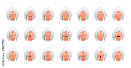 Facial expression of a beautiful elderly woman with gray hair. Set of different emotions of an old white woman in glasses. Smile, happiness, anger, disappointment, sadness, surprise, fear, etc.