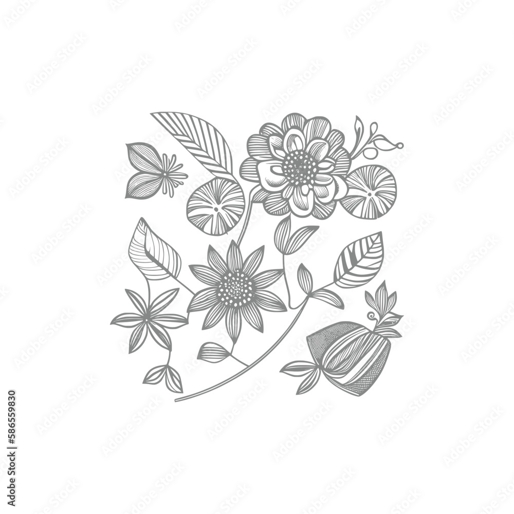Line art drawn Flowers bouquet. Line art for adult coloring book style. Vector illustration for coloring page.
