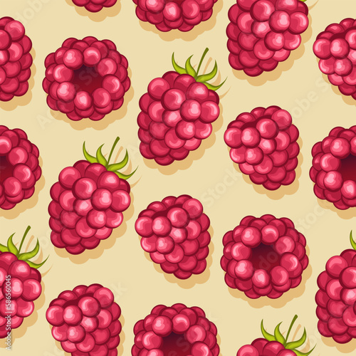 Natural fresh organic forest raspberry with green leaves. seamless pattern vector illustration. Bright, red, juicy, summery, fruity. for wrapping paper and textiles,clothing design and food packaging