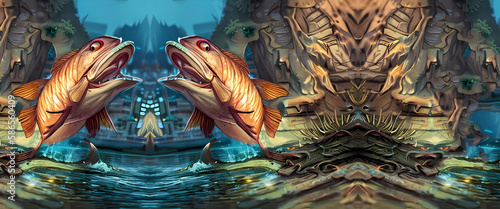 3D Illustration of a Fantasy Fantasy Landscape with Fish. Generative AI;