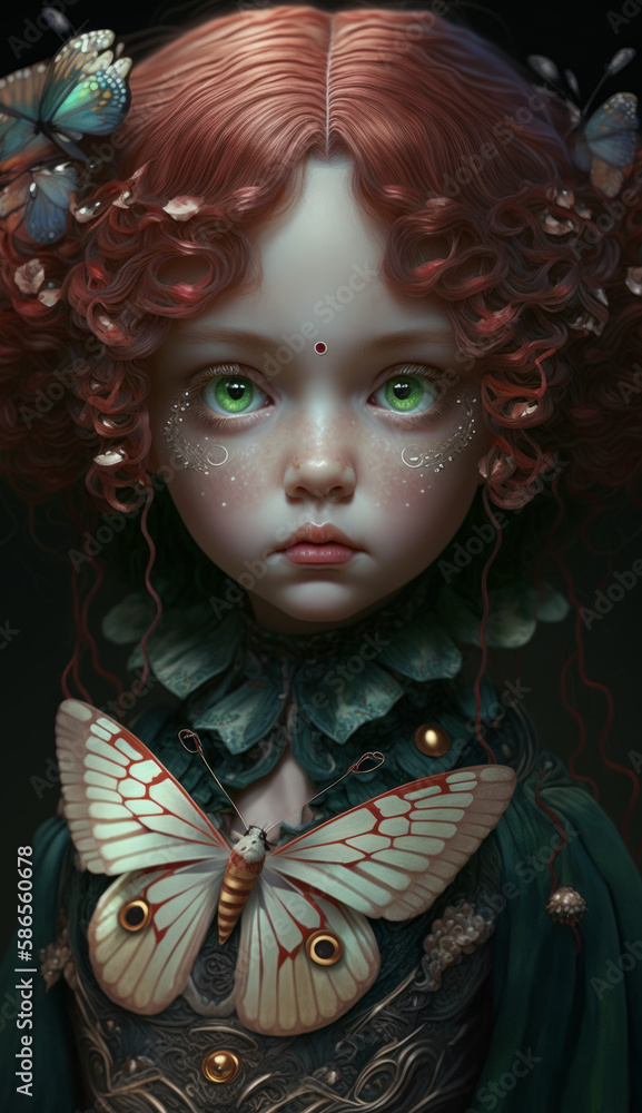 Artistic portrait of a young and beautiful girl dressed as a butterfly, doll with decorations in vintage style with butterflies, moths. Created using generative AI.