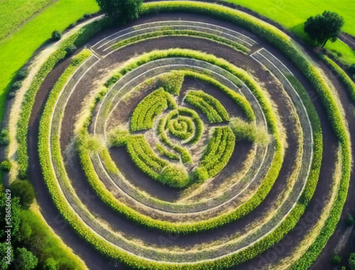  aerial image of a circular circular labyrinth, grass, flowers, woodland, Generative AI