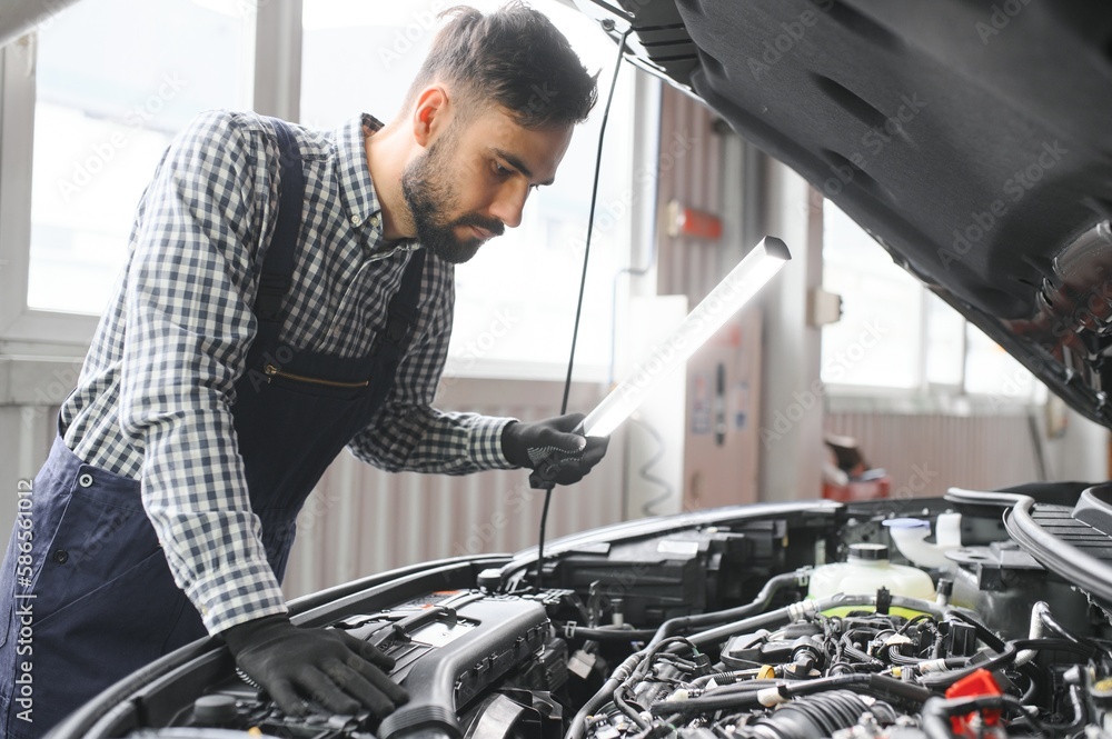 Handsome Car Mechanic is Posing in a Car Service. Handsome Car Mechanic is Posing in a Car Service.