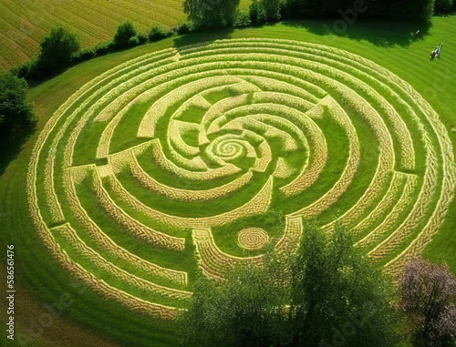  aerial image of a circular circular labyrinth, grass, flowers, woodland, Generative AI