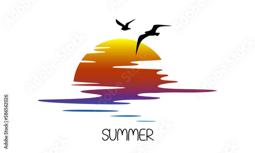 Beautiful sunrise with seagulls. Simple flat vector logo.