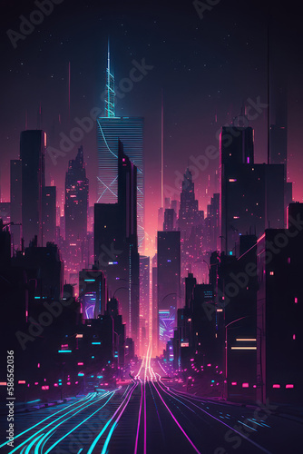 City of the future at night  neon lines. Vertical illustration. AI generative.