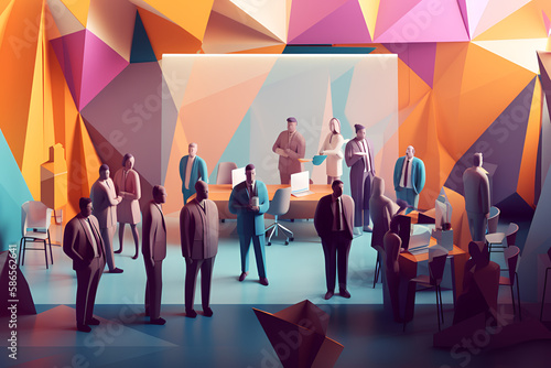 Low Poly 3D Illustration of Multicultural People At Work. Different Office Employees Working Together 