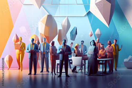 Low Poly 3D Illustration of Multicultural People At Work. Different Office Employees Working Together 
