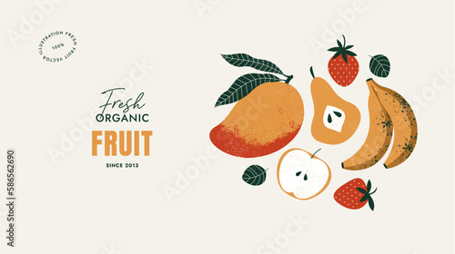 Fruits horizontal design template. Banana with mango and strawberry with apple. Vector illustration