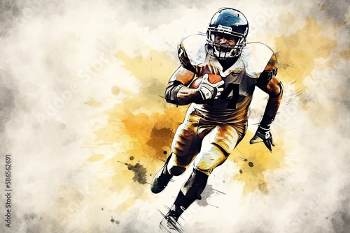 Determined American Football Player Running with Ball in Hand Through the Cloudy Sky: An Illustration of the Game's Center Stage: Generative AI