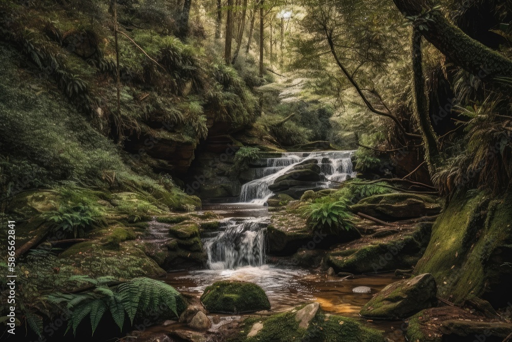 peaceful stream flowing through a vibrant green forest. Generative AI peaceful stream flowing through a vibrant green forest. Generative AI