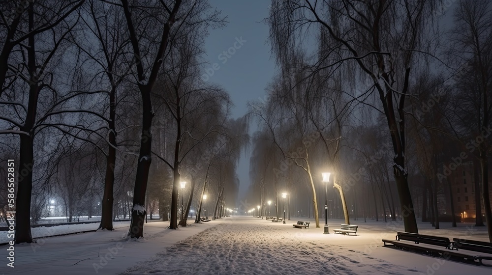 Frosty Winter Wonderland: A snow-covered Landscape in a City Park. Generative AI