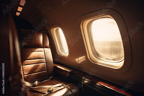 First-Class Business Travel: Luxury Plane with a Leather VIP Seat and Window Illuminator