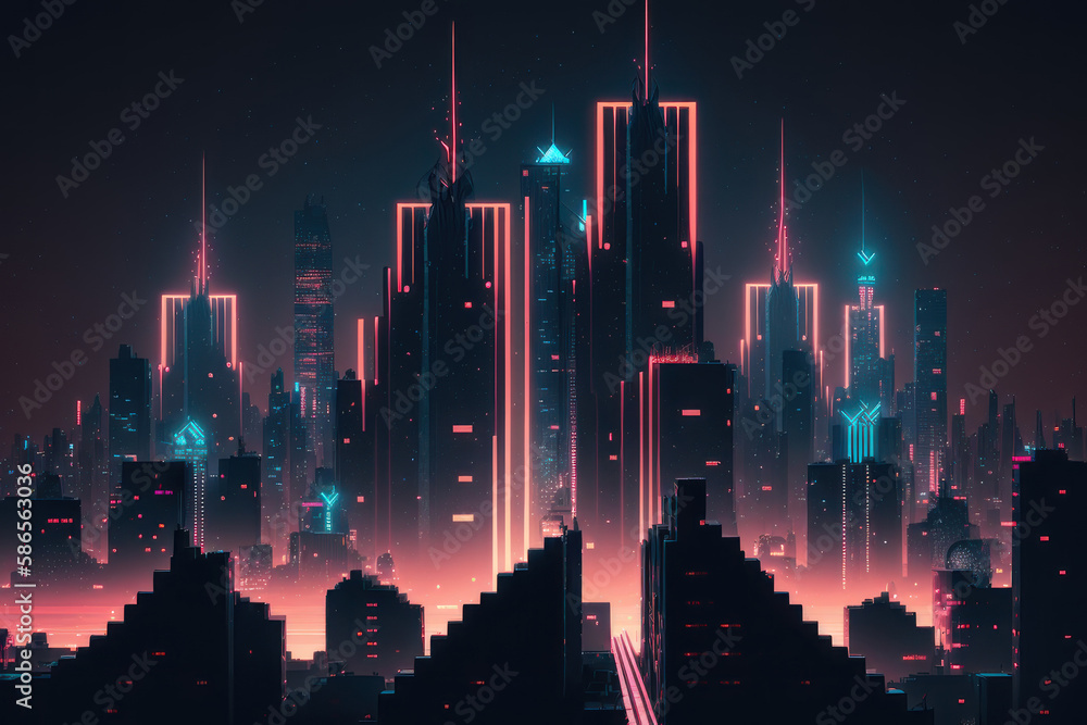 City at night, neon lines. AI generative.