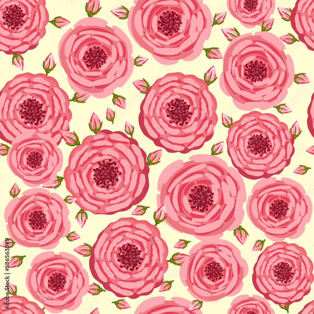 Fototapeta premium Seamless pattern with blooming roses. Vector floral illustration for postcard, poster, fabric, wrapping paper, decor etc. Flowers for spring and summer holidays.