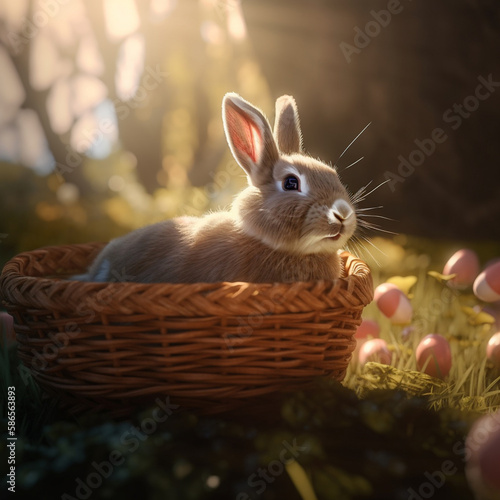cute fluffy rabbit sits in a basket with easter eggs against the backdrop of a spring background, easter card