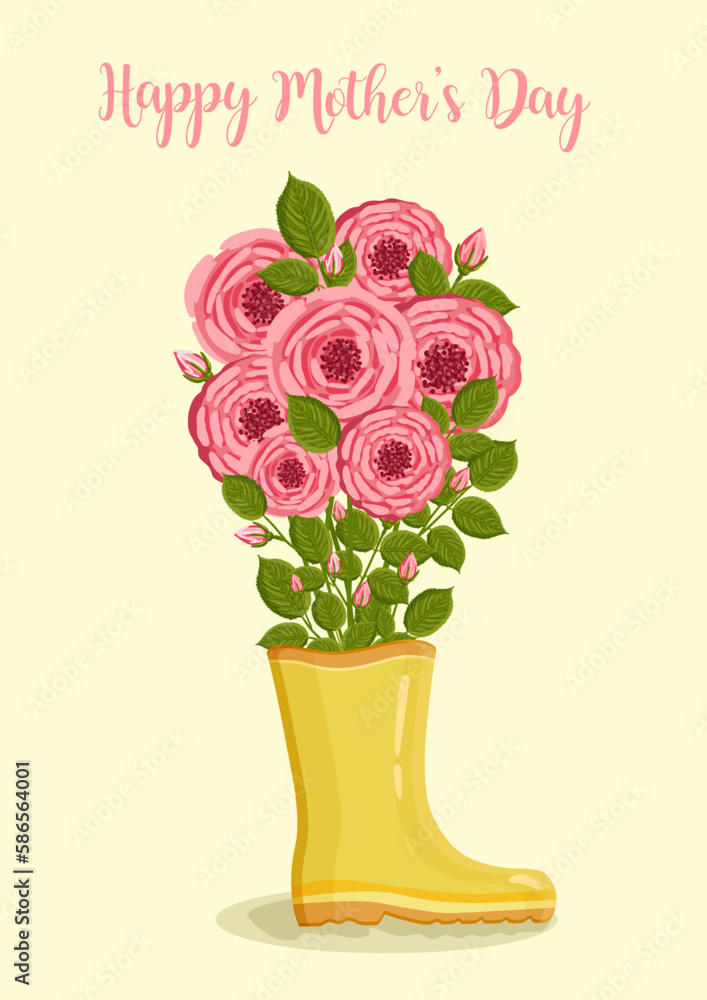 Obraz premium Mother's day greeting card. Bouquet of roses in yellow rain boot. Botanical vector illustration isolated for postcard, poster, ad, decor and other uses.