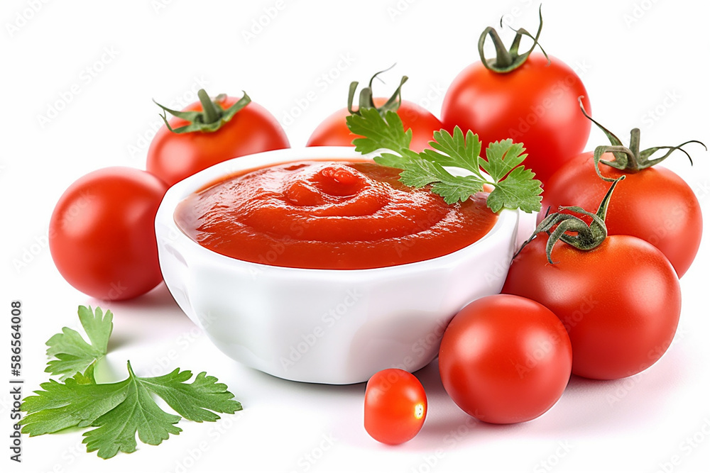 Bowl of ketchup or tomato sauce with ingredients on white. Generative Ai Bowl of ketchup or tomato sauce with ingredients on white. Generative Ai