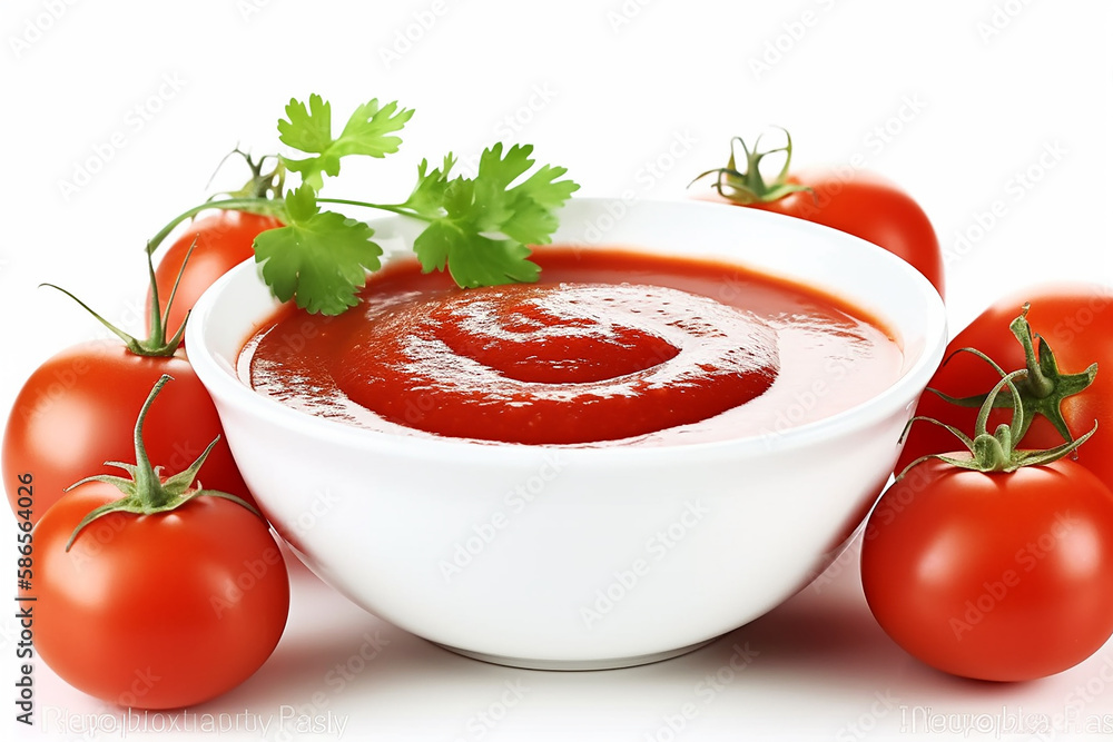 Bowl of ketchup or tomato sauce with ingredients on white. Generative Ai Bowl of ketchup or tomato sauce with ingredients on white. Generative Ai