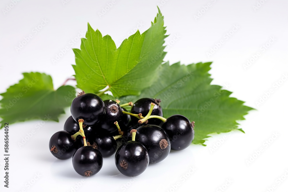 Bunch of blackcurrant with leaves on white background. Generative Ai Bunch of blackcurrant with leaves on white background. Generative Ai