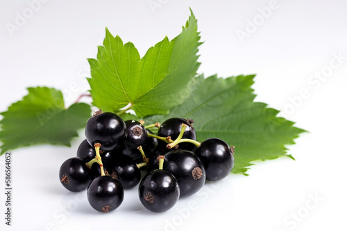 Bunch of blackcurrant with leaves on white background. Generative Ai