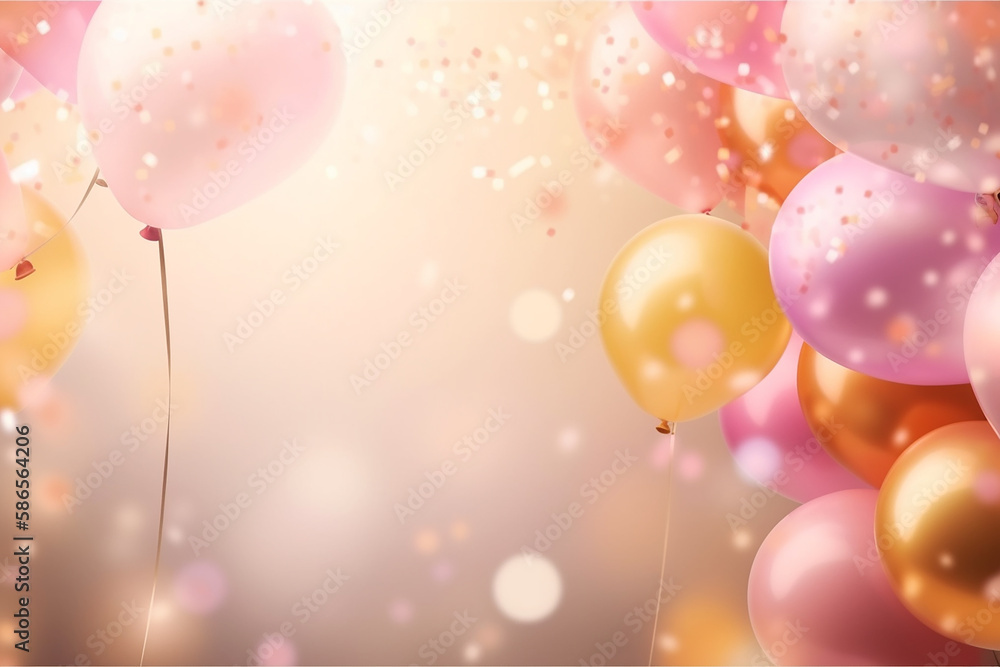 Festive background with blue and pink balloons falling confetti blurry background and a bokeh lights cozy pastel colors. Generative Ai
