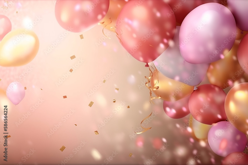 Festive background with blue and pink balloons falling confetti blurry background and a bokeh lights cozy pastel colors. Generative Ai