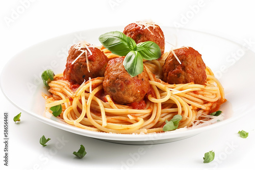 Spaghetti and Meatballs on white background. Generative Ai