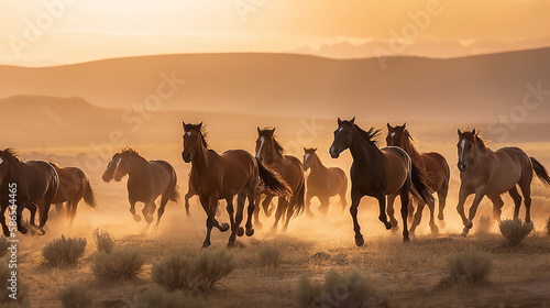 A hoard of horses running over a dusty ground in front of the hills at sunset, the orange light illuminating the scene - Generative AI