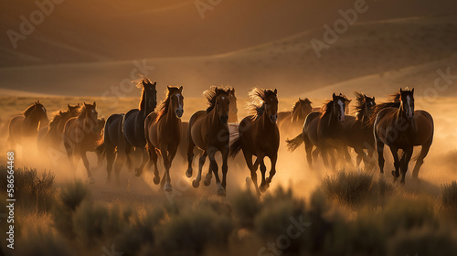 A hoard of horses running over a dusty ground in front of the hills at sunset, the orange light illuminating the scene - Generative AI