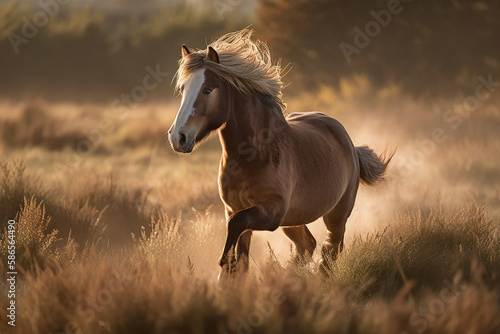 A majestic horse running through a field of tall grass at sunset, its mane flowing in the wind - Generative AI