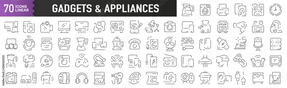 Gadgets and appliances black linear icons. Collection of 70 icons in black. Big set of linear icons Gadgets and appliances black linear icons. Collection of 70 icons in black. Big set of linear icons