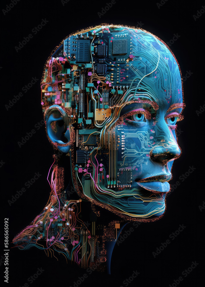 Humanoid portrait with VR glasses made by computer circuits. Metaverse