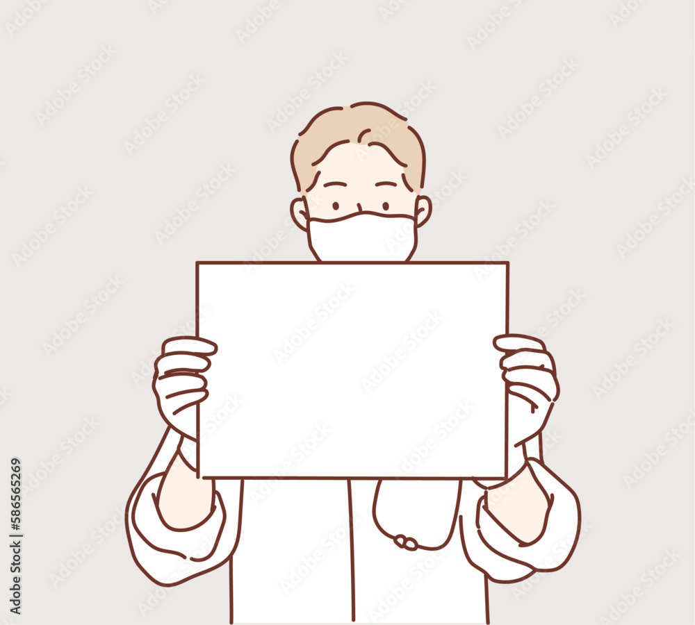 Doctor holding blank board in his hands. Masked doctor female personage presenting sign. Hand drawn style vector design illustrations. Doctor holding blank board in his hands. Masked doctor female personage presenting sign. Hand drawn style vector design illustrations.