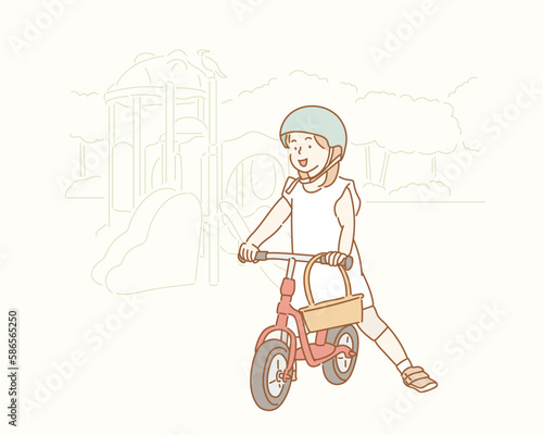 Nice little girl in blue helmet riding her bike. Hand drawn style vector design illustrations.