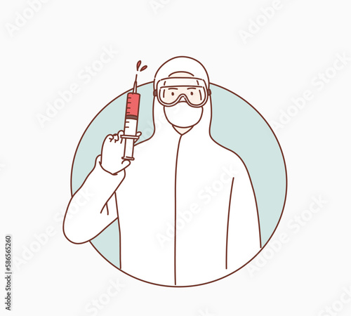 A woman in a protective suit and mask holds an injection syringe. Hand drawn style vector design illustrations.