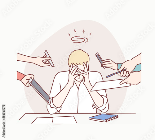 Business Man Surrounded by Hands with Office Things. Multitasking and Time Management Concept. Hand drawn style vector design illustrations.