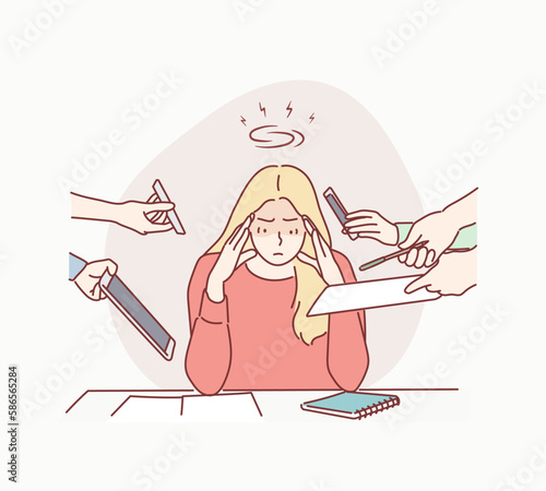 Business Woman Surrounded by Hands with Office Things. Multitasking and Time Management Concept. Hand drawn style vector design illustrations.