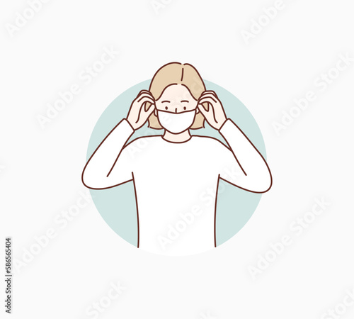 Woman wearing face mask. Hand drawn style vector design illustrations.