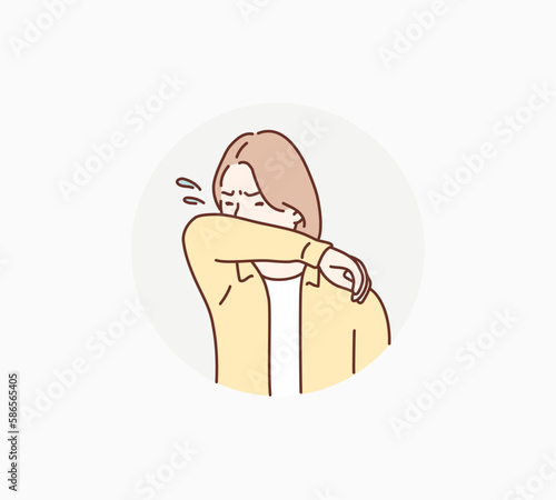 Illustration of a woman coughing with her arms to prevent splashing. Hand drawn style vector design illustrations.