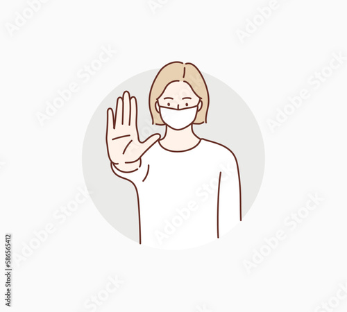 Woman wearing medical face mask and showing stop sign with hand palm. NO! Hand drawn style vector design illustrations.