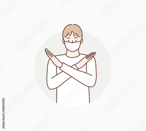 Man wearing face mask. Young man with crossed arms gesture. Hand drawn style vector design illustrations.