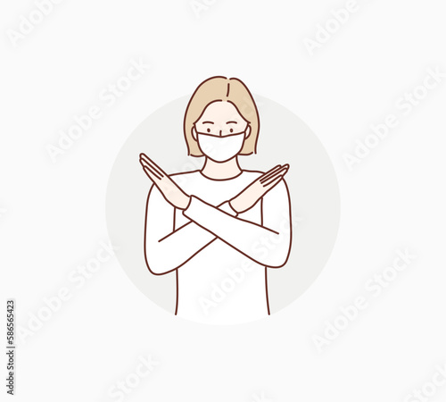 Woman wearing face mask. Young woman with crossed arms gesture. Hand drawn style vector design illustrations.