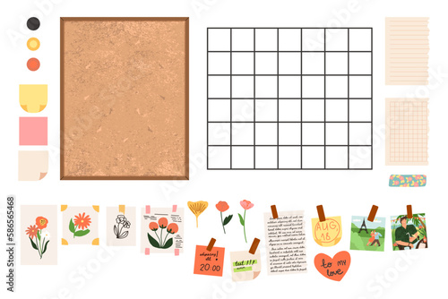 Framed cork board, dream board, note organizer with pins, posters, art, dry flowers, photos, paper sheets, stickers.