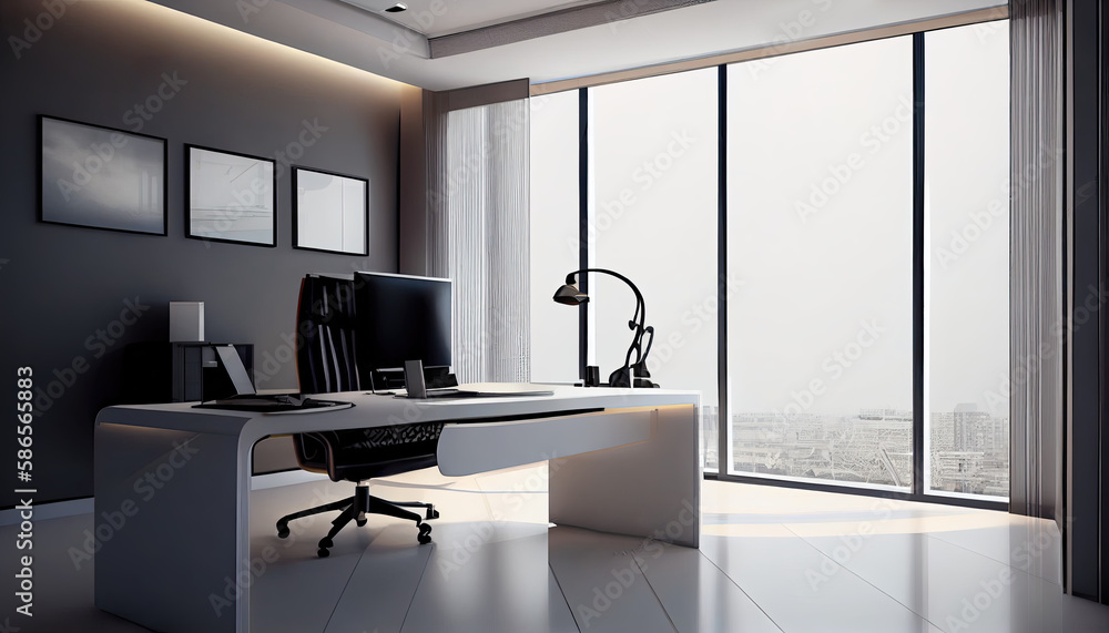 Modern office with white walls and black glass, ai generated Stock ...