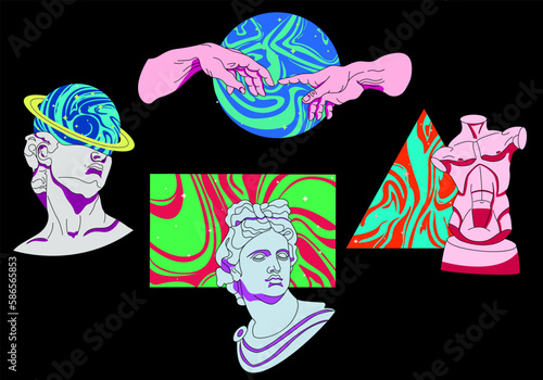 Various Antique Statues. Vaporwave Asid stickers with greek sculpture, Tors, Hands and cosmic space elements in trendy psychedelic weird style. Sticker pack. Vector Gold Stars galaxy surrealism.