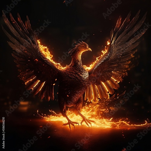 Phoenix Illustration with burning wings and fire, on Black Background,  Digital Painting. Created using Generative AI © AsoArt